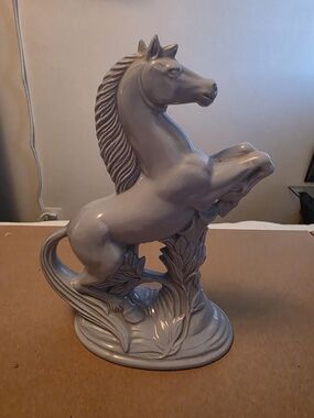 Vintage Gray Glazed Rearing Horse Figurine Ceramic Equestrian Decor 11"